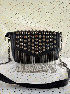 Black Studded Crossbody with Silver Fringe